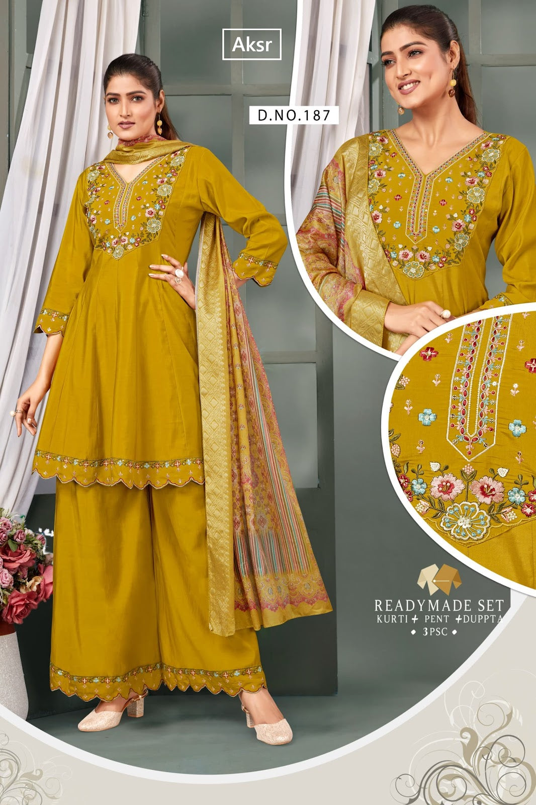 Design 188-234 Aksr Roman Silk Readymade Plazzo Style Suits Manufacturer India