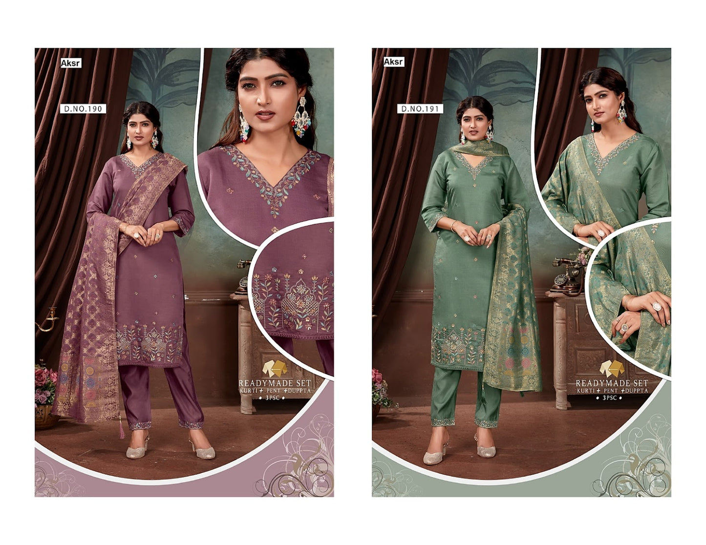 Design 190-191 Aksr Roman Silk Readymade Pant Style Suits Supplier Ahmedabad