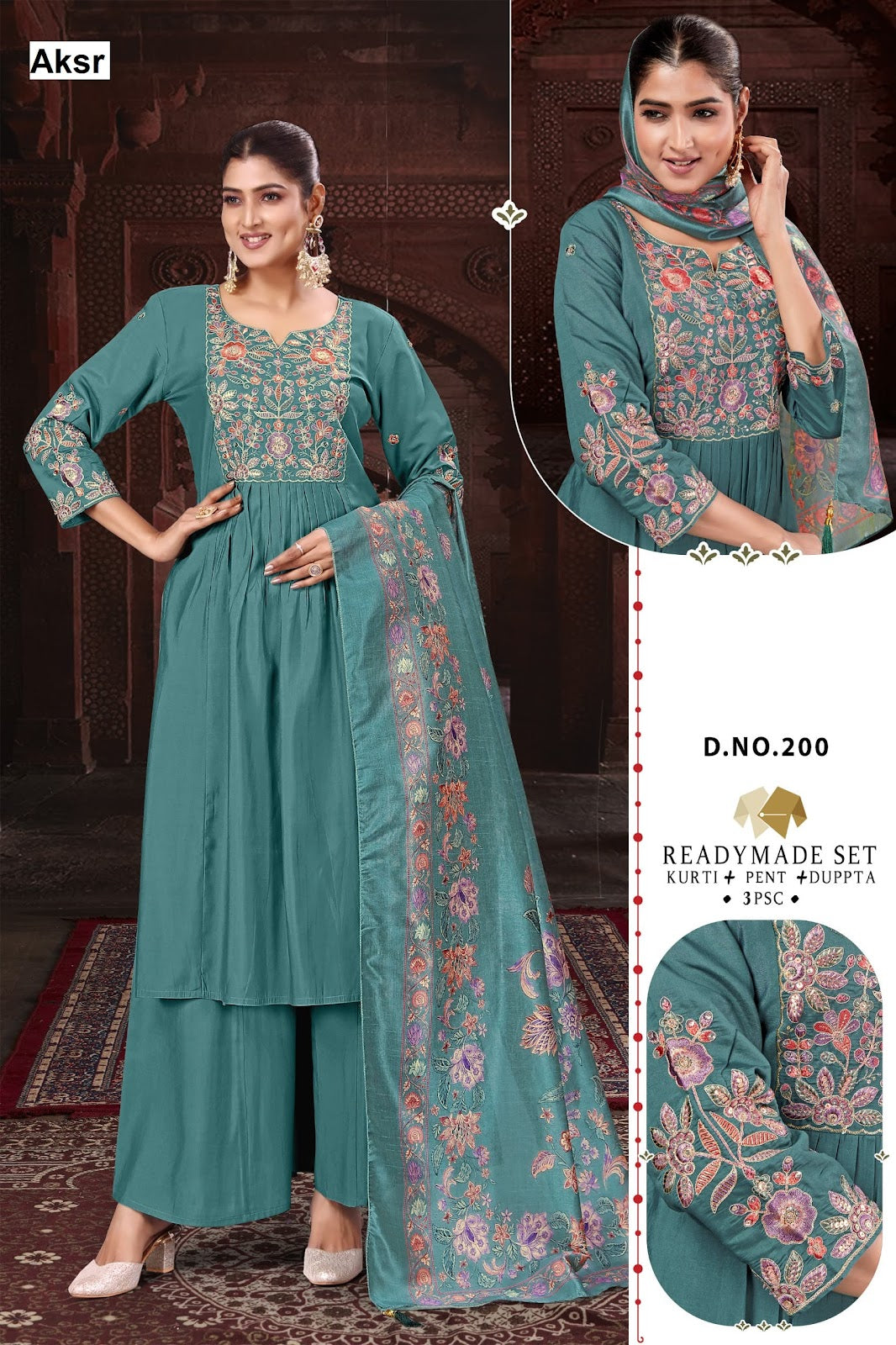 Design 200-201 Aksr Roman Silk Readymade Plazzo Style Suits Supplier India