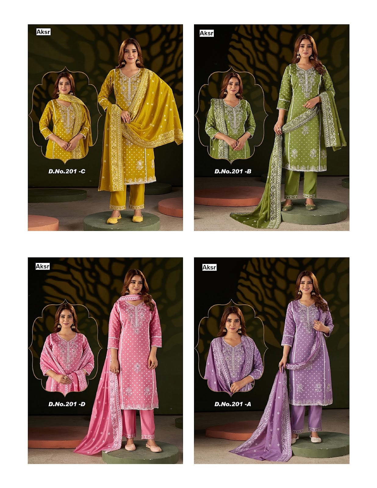 Design 201 Abcd Aksr Roman Silk Readymade Pant Style Suits Exporter