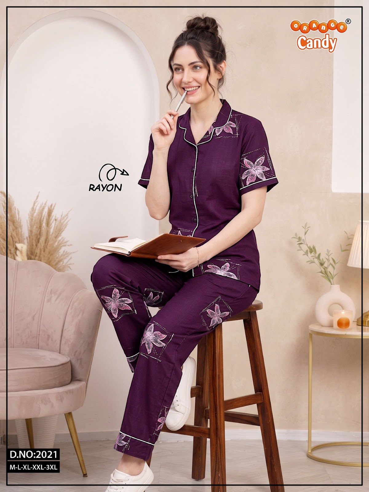 Design 2021 Orange Candy Rayon Collar Night Suits Exporter Gujarat