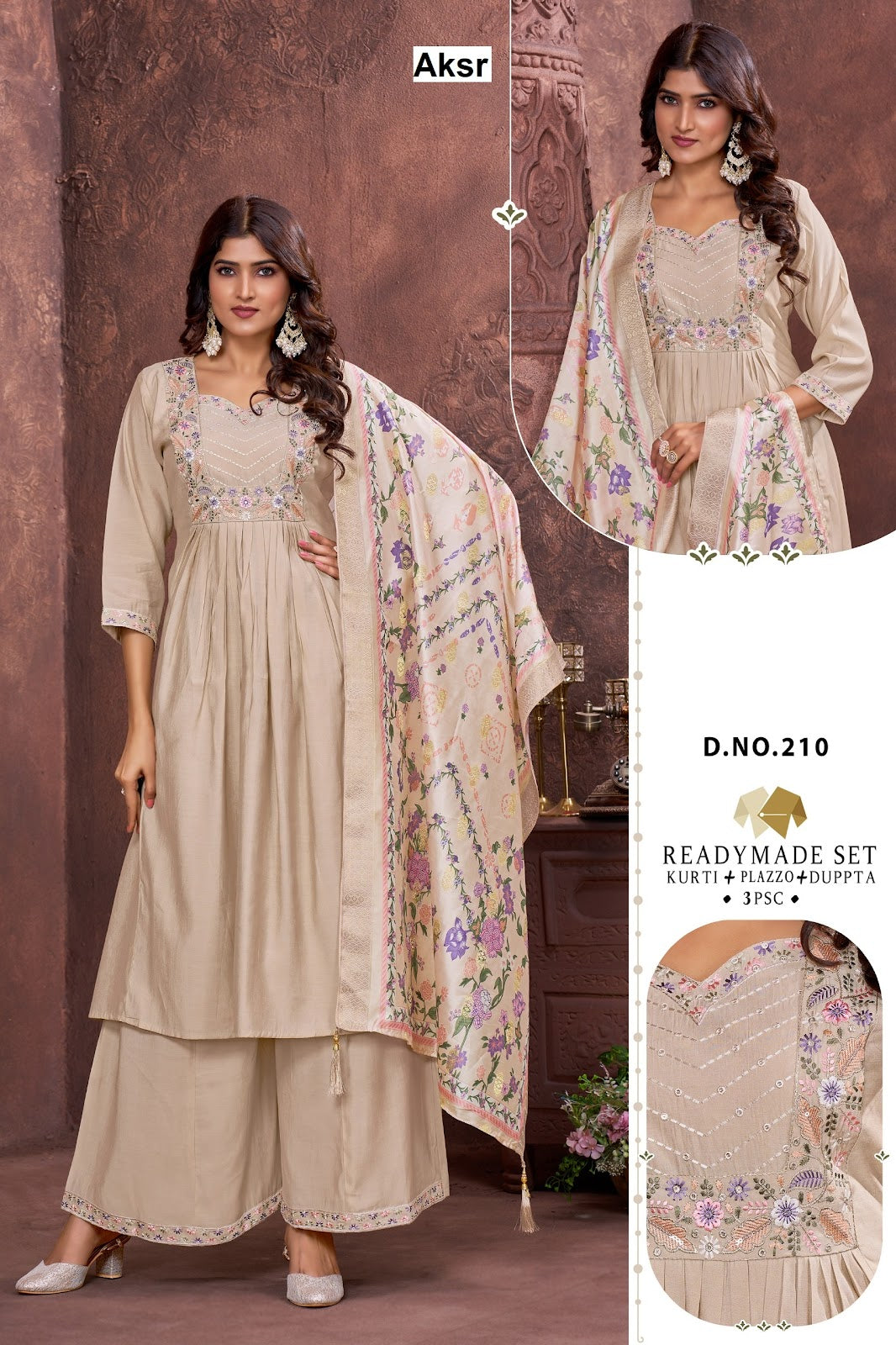 Design 208-211 Aksr Roman Silk Readymade Plazzo Style Suits Manufacturer Gujarat