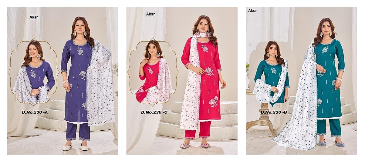 Design 230 Abc Aksr Roman Silk Readymade Pant Style Suits Manufacturer India