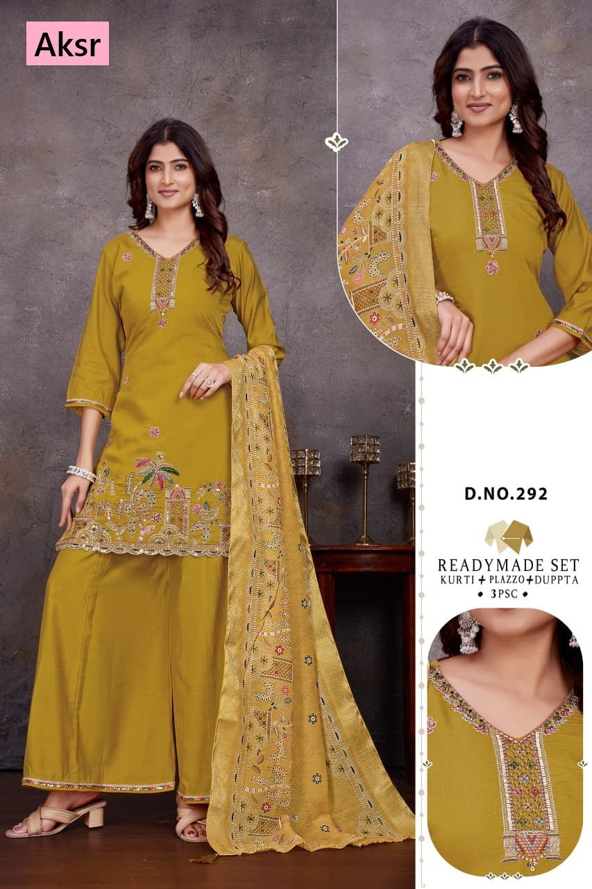 Design 290 To 293 Aksr Roman Silk Readymade Plazzo Style Suits Supplier India