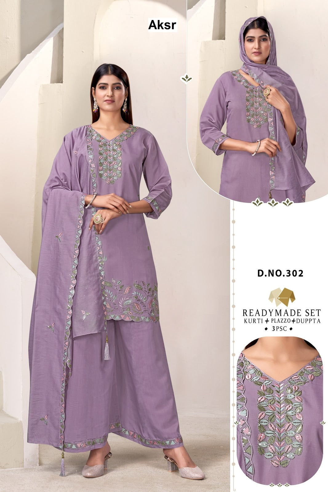 Design 300-303 Aksr Roman Silk Readymade Plazzo Style Suits Wholesale Price