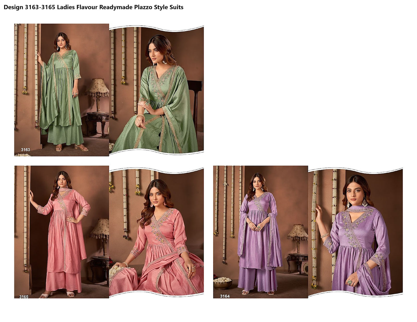 Design 3163-3165 Ladies Flavour Vichitra Readymade Plazzo Style Suits Wholesaler