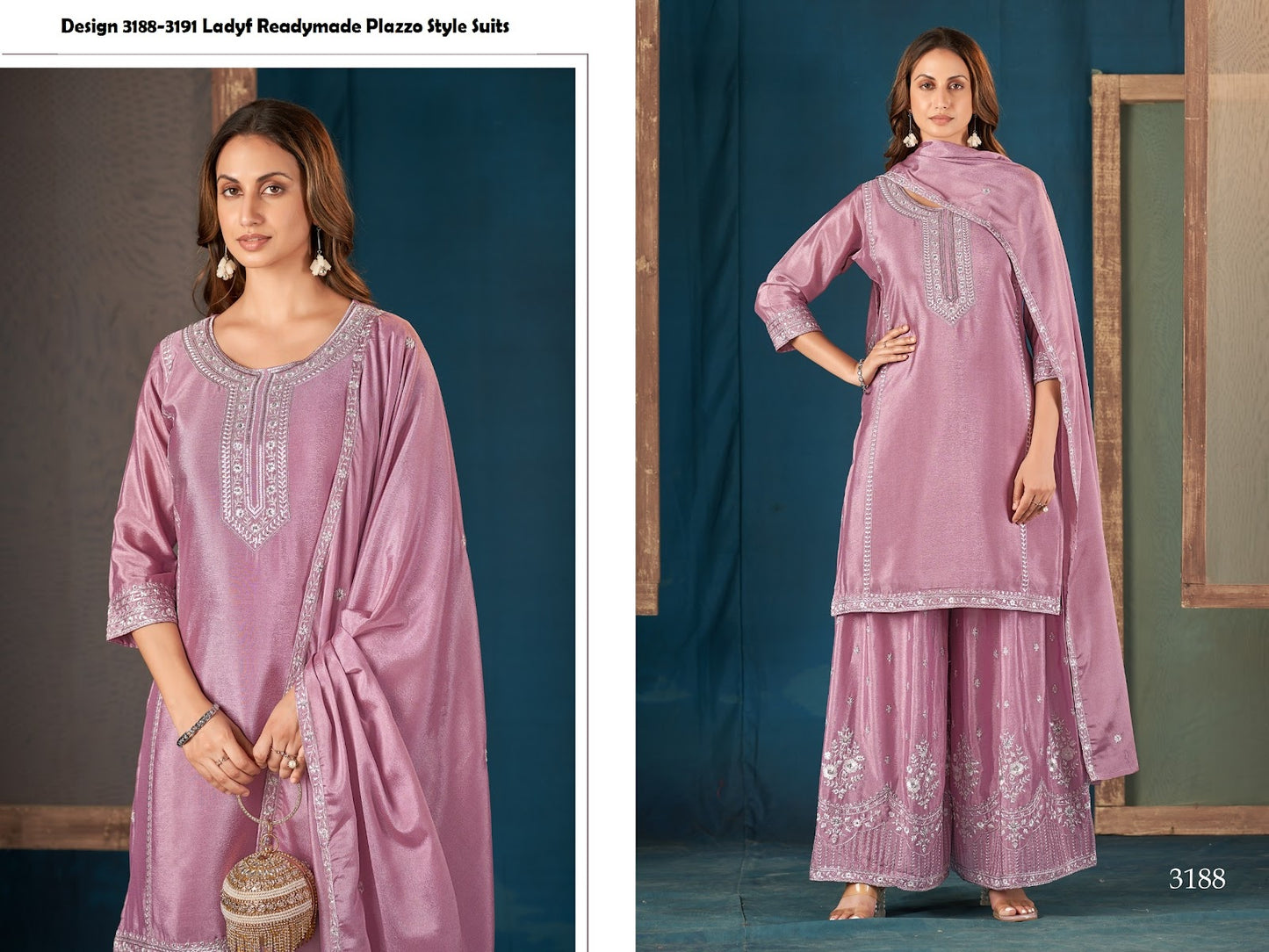 Design 3188-3191 Ladyf Chinon Readymade Plazzo Style Suits Supplier India