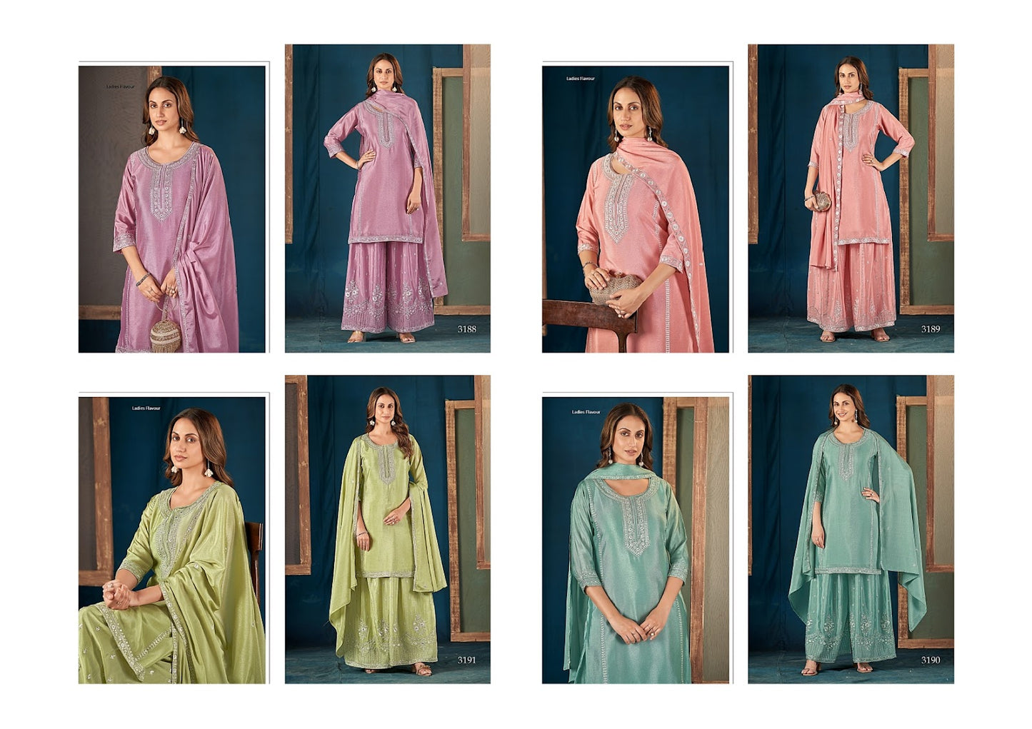Design 3188 - 3191 Ladies Flavour Chinon Readymade Plazzo Style Suits Exporter