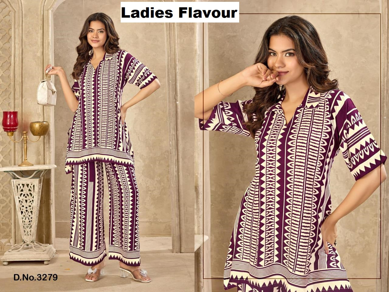 Design 3278-3279 Ladies Flavour Rayon Co Ord Set Exporter India