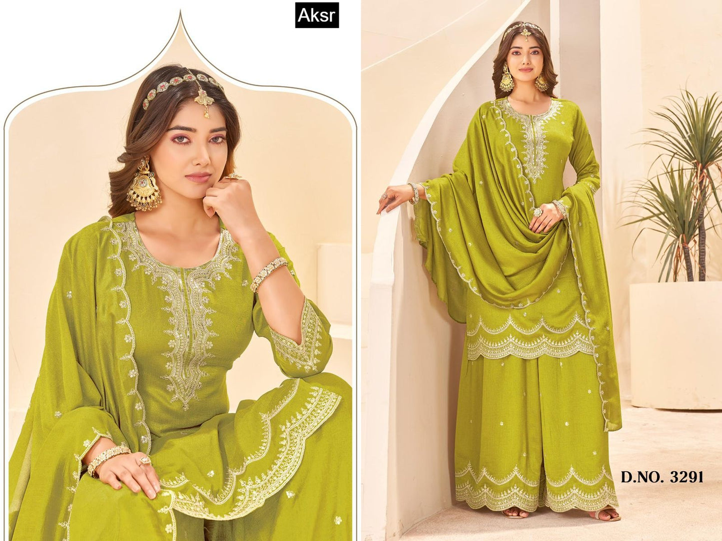 Design 3290-3295 Aksr Vichitra Readymade Plazzo Style Suits Wholesaler