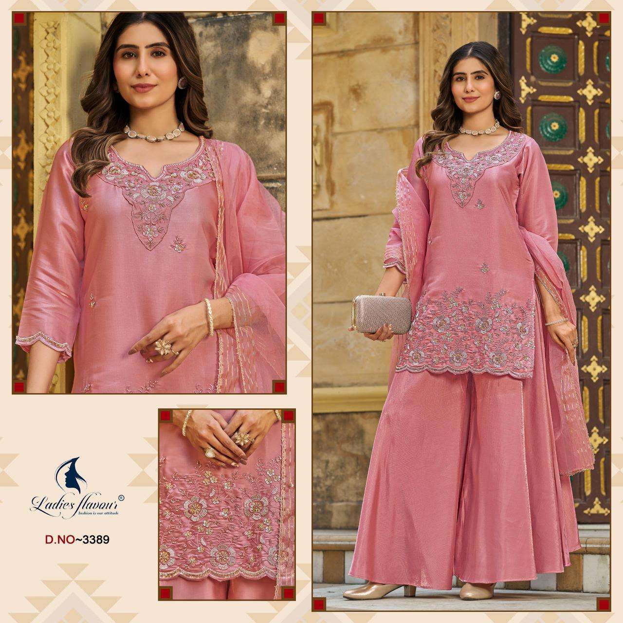 Design 3388-3389 Ladyf Satin Readymade Plazzo Style Suits Wholesaler