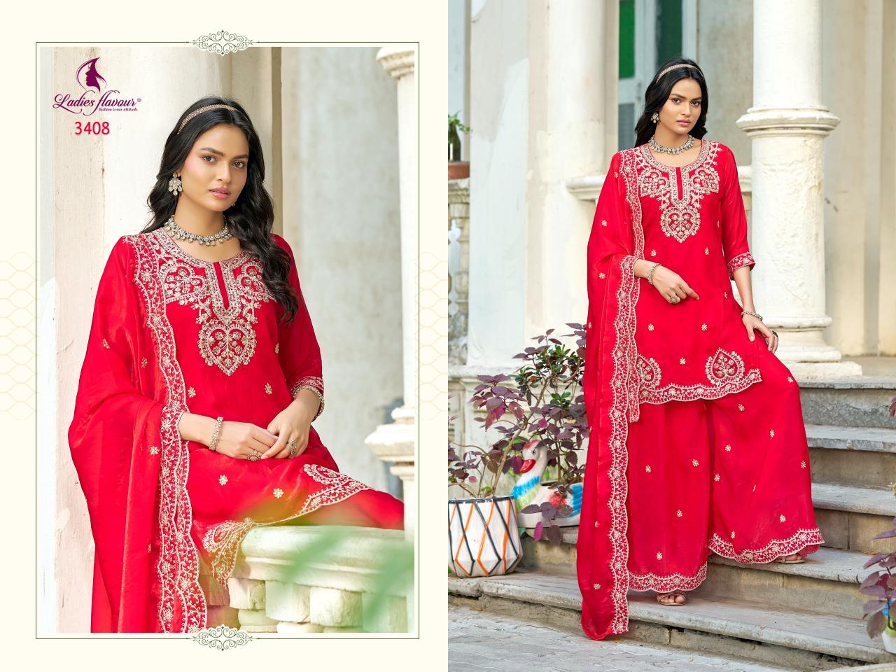 Design 3408 To 3410 Ladyf Satin Readymade Plazzo Style Suits Exporter India