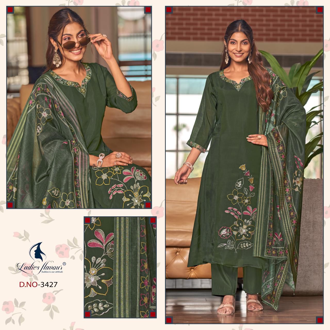 Design 3427-3429 Ladyf Chanderi Readymade Pant Style Suits Manufacturer Gujarat