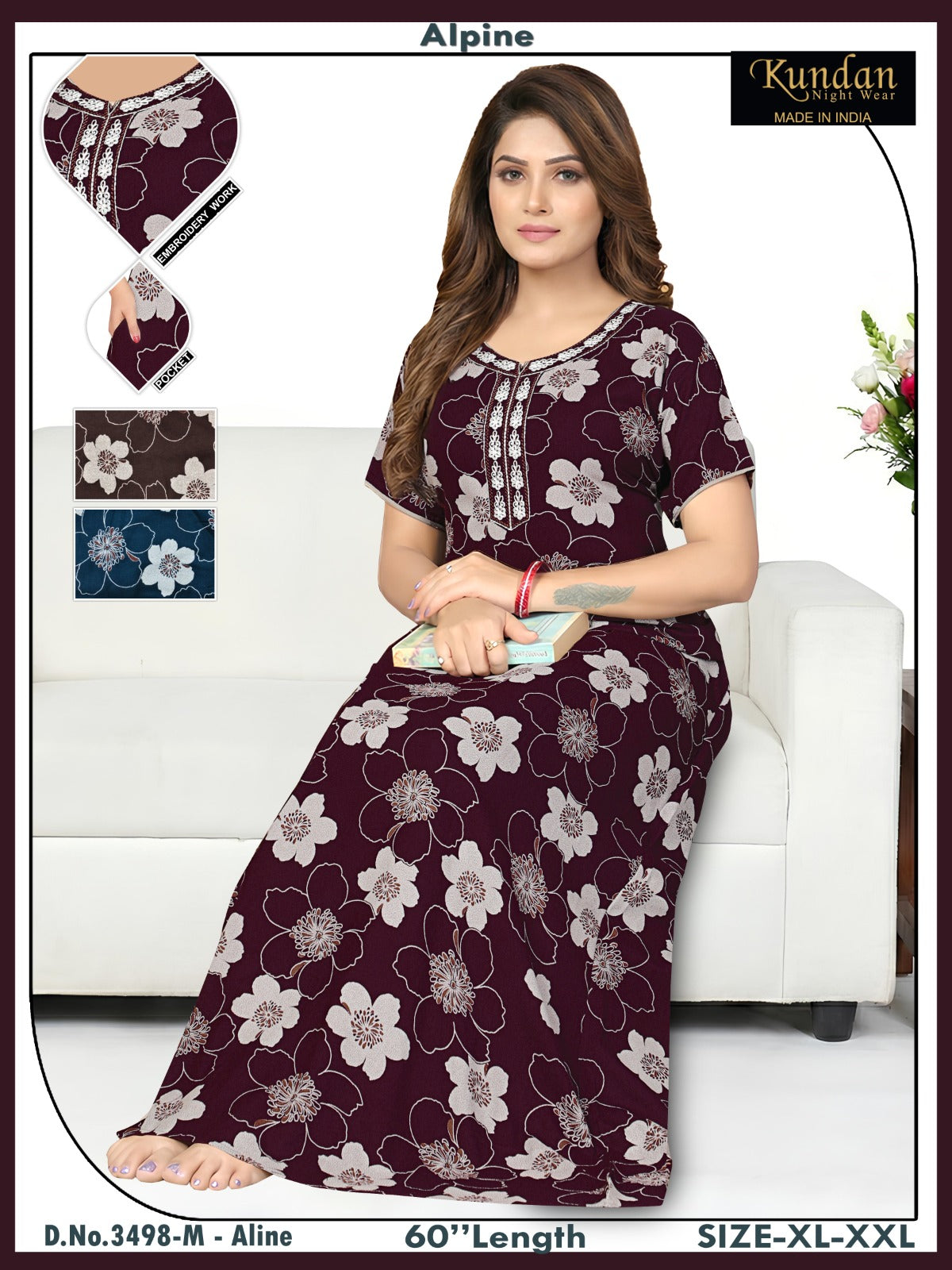 Design 3498 Kundan Alpine Night Gowns Exporter Gujarat