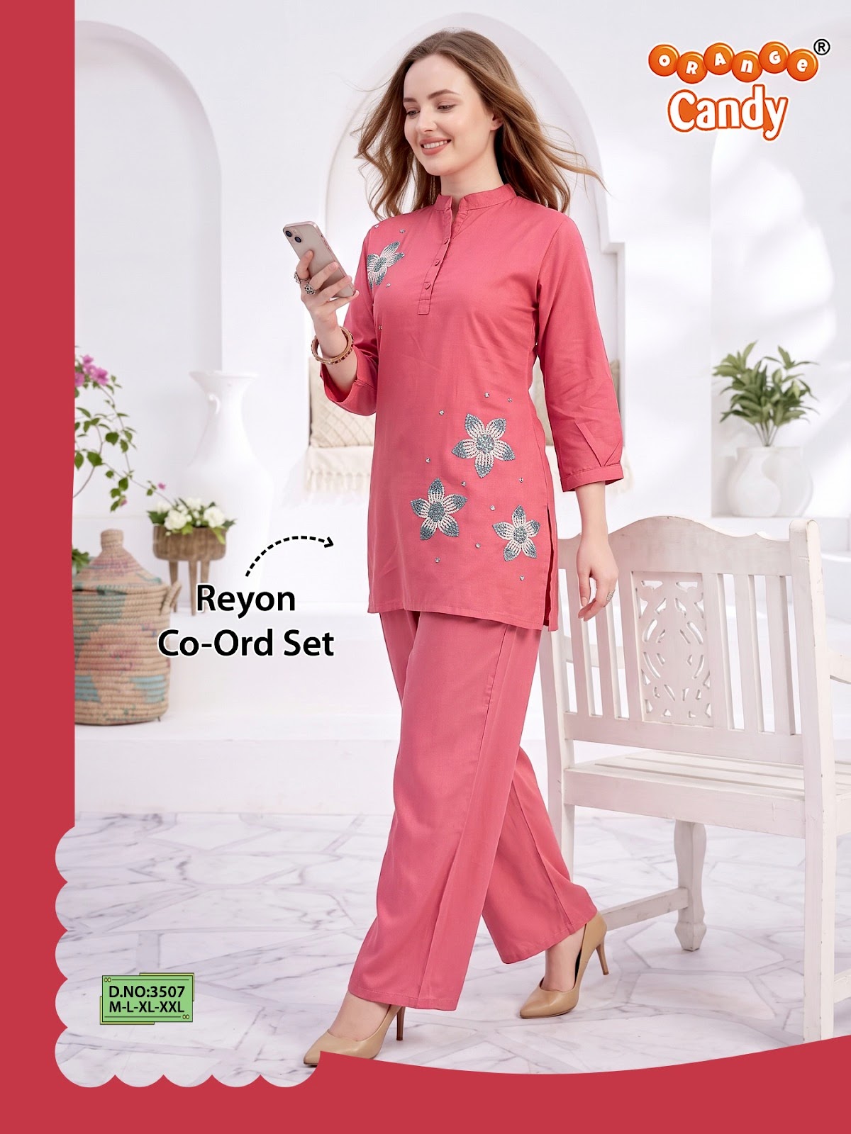 Design 3507 Orange Candy Reyon Co Ord Set Wholesale Price