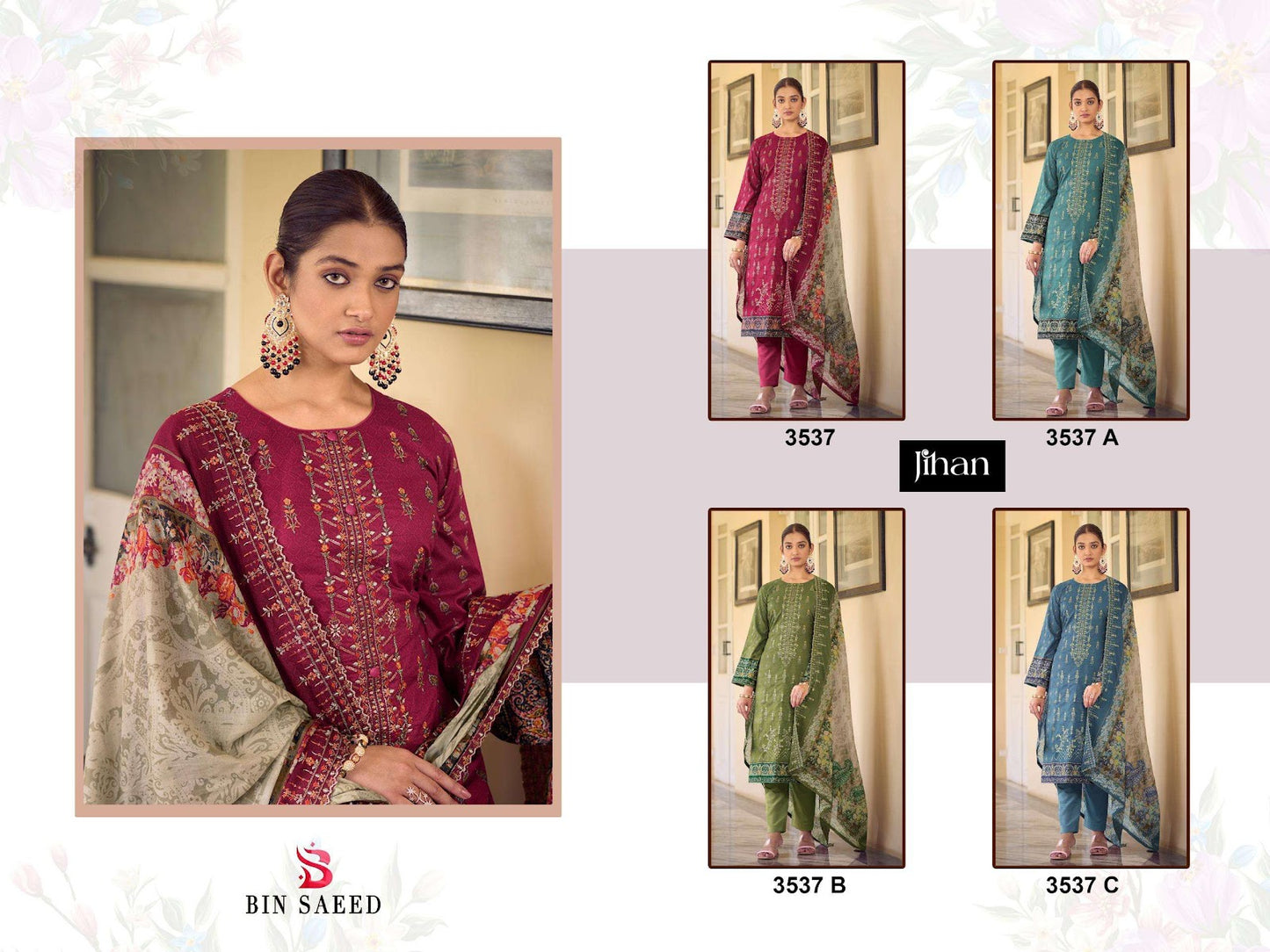Design 3537 Bin Saeed Jihan Lawn Karachi Salwar Suits Wholesaler Gujarat