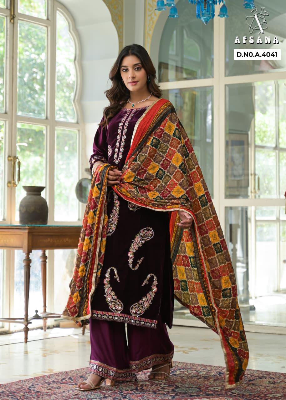 Design 4041 Afsana Readymade Velvet Suits Manufacturer India