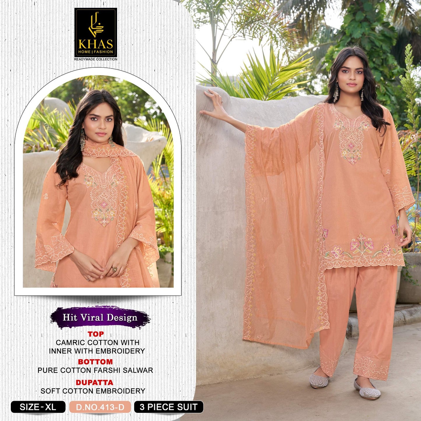Design 413 Khas Cambric Cotton Pakistani Readymade Suits Wholesaler India