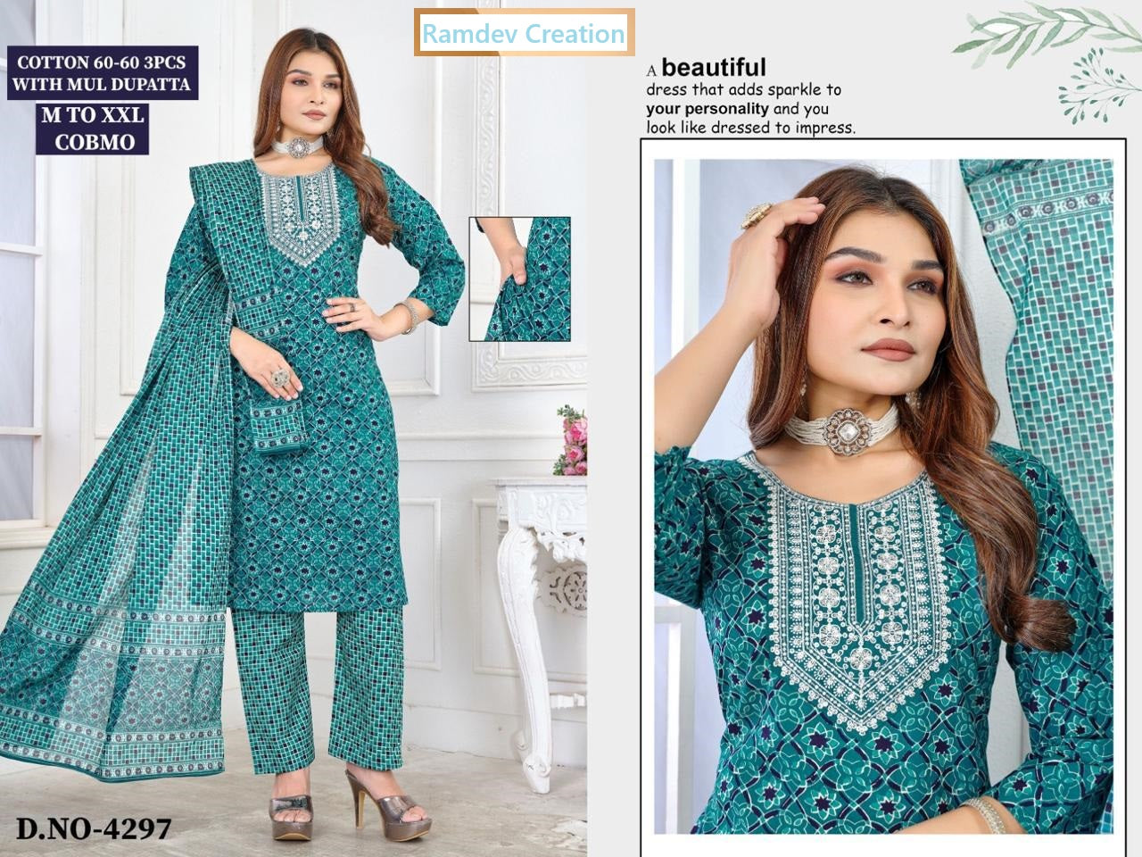 Design 4297-4307 Ramdev Creation Readymade Cotton Pant Suits Wholesale Rate