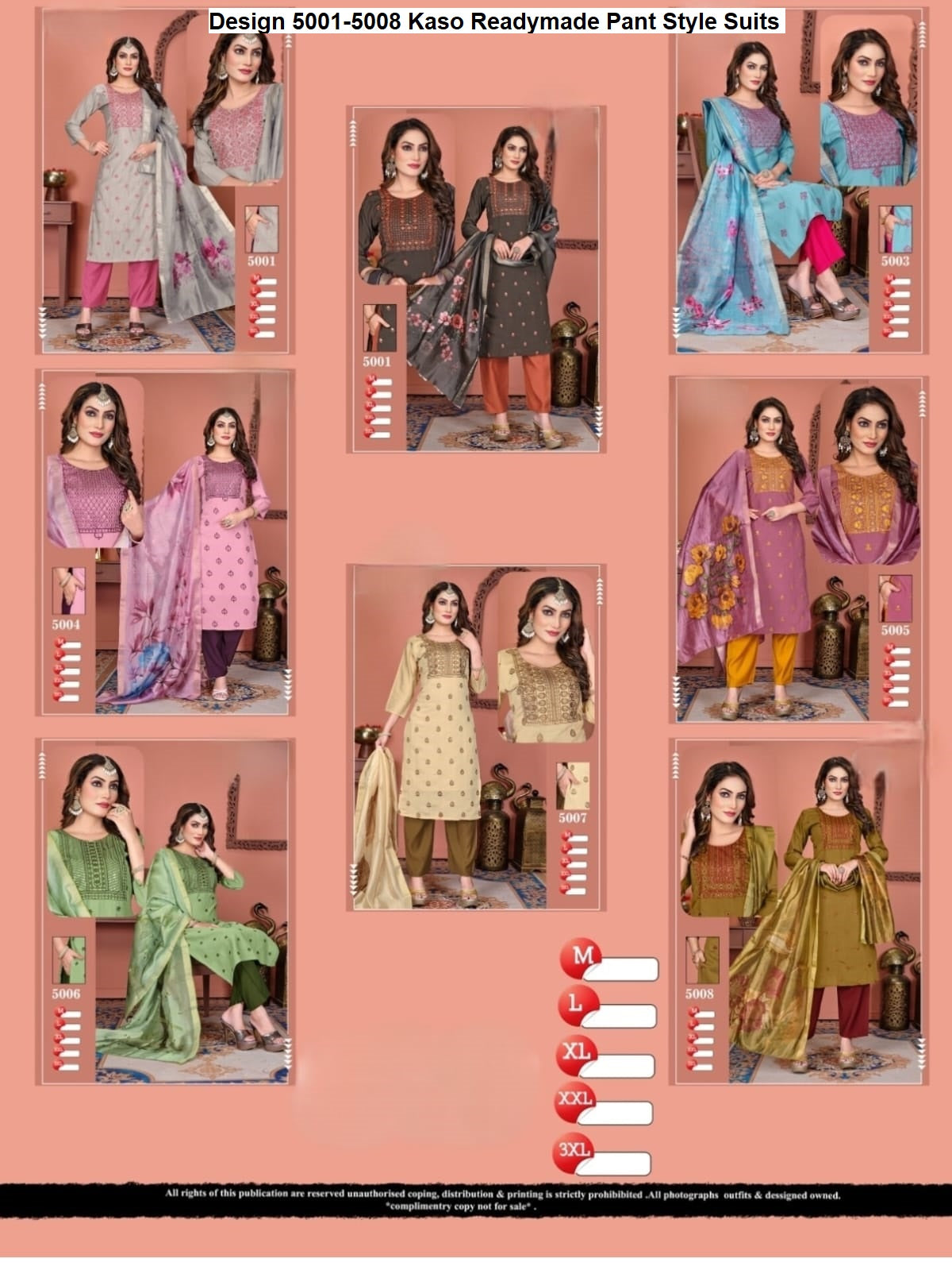 Design 5001-5008 Kaso Roman Silk Readymade Pant Style Suits Wholesale