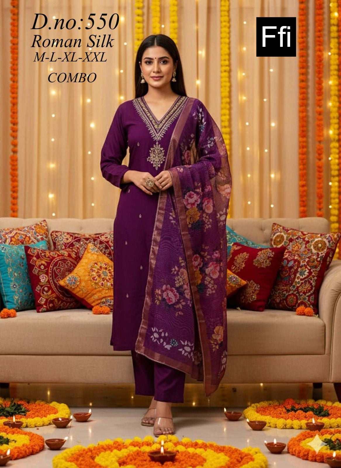 Design 550 Ffi Roman Silk Readymade Pant Style Suits Supplier India
