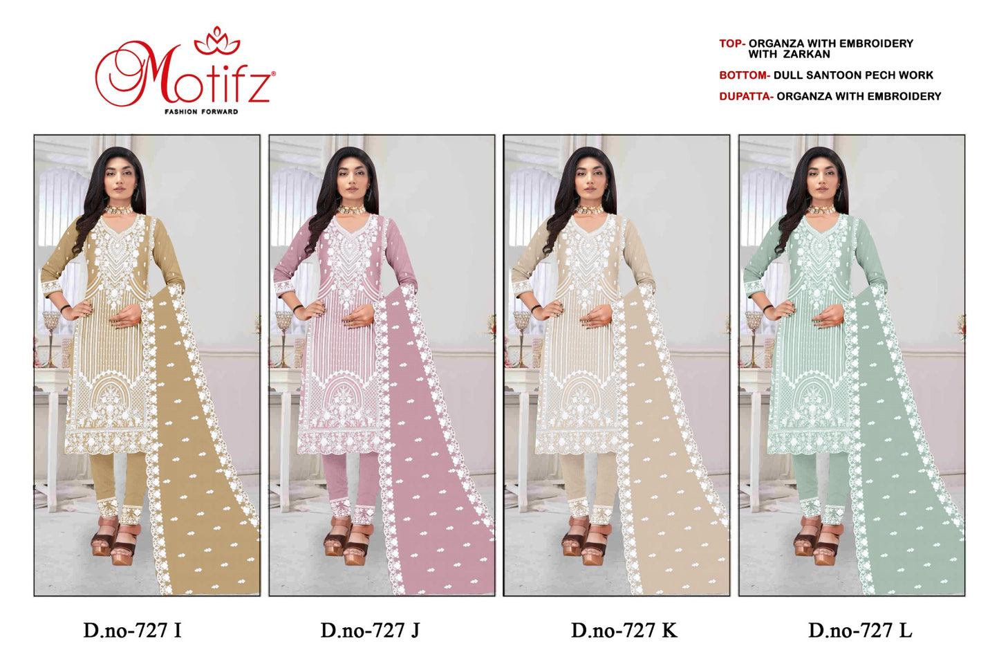 Design 727 Ijkl Motifz Organza Pakistani Salwar Suits Wholesale Rate