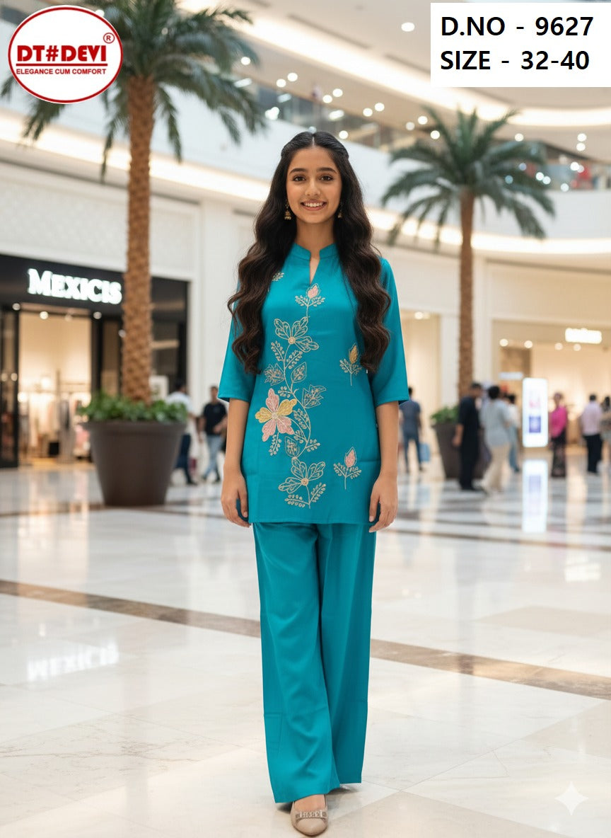 Design 9627 Dt Devi Roman Silk Girls Co Ord Set Supplier