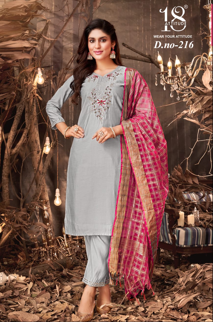 Design No 216 18 Attitude Roman Silk Readymade Pant Style Suits Exporter Ahmedabad