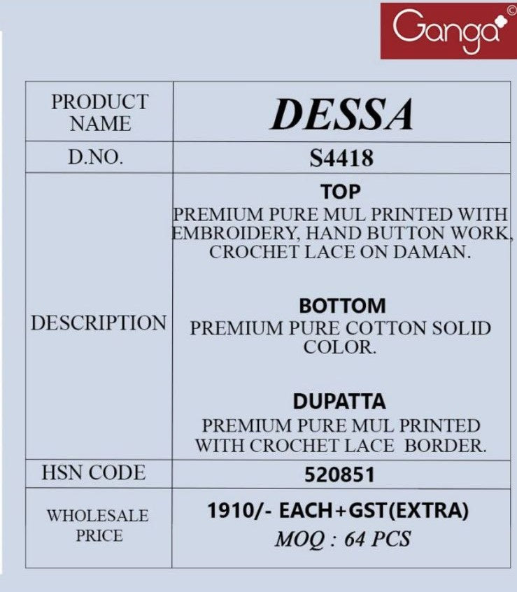 Dessa 4418 Ganga Mul Plazzo Style Suits Supplier India