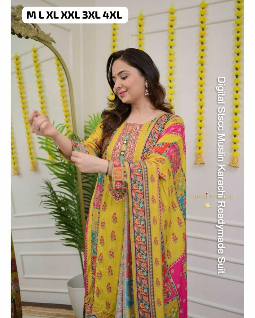 Digital Stscc Pure Muslin Karachi Readymade Suits Wholesaler