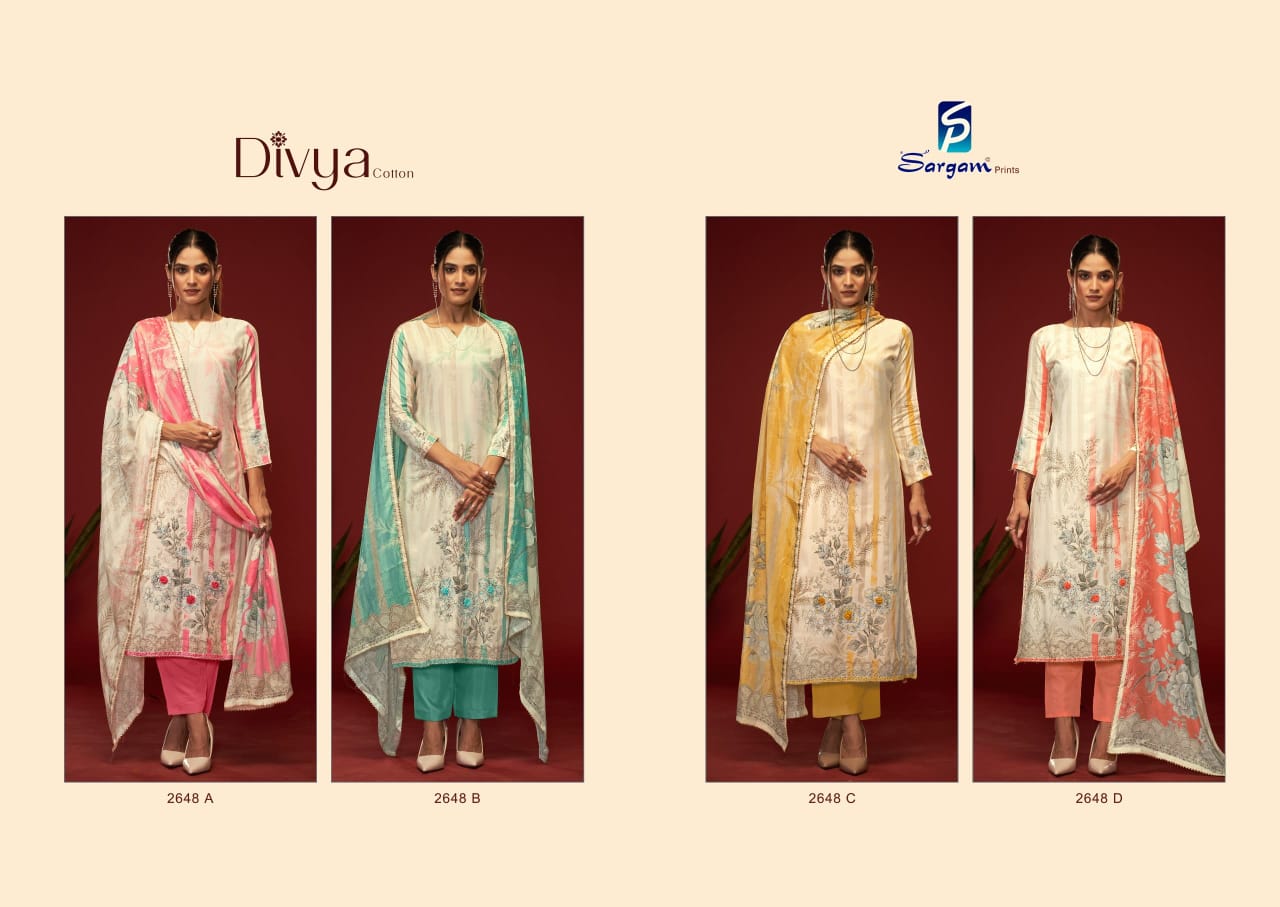Divya Cotton Sargam Prints Pure Lawn Pant Style Suits Wholesaler Ahmedabad