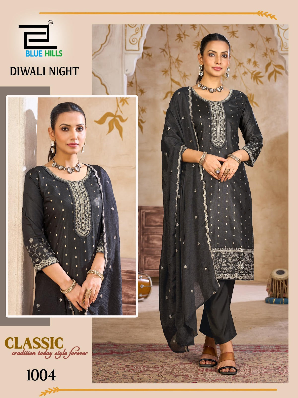 Diwali Night Blue Hills Chanderi Readymade Pant Style Suits Wholesaler India