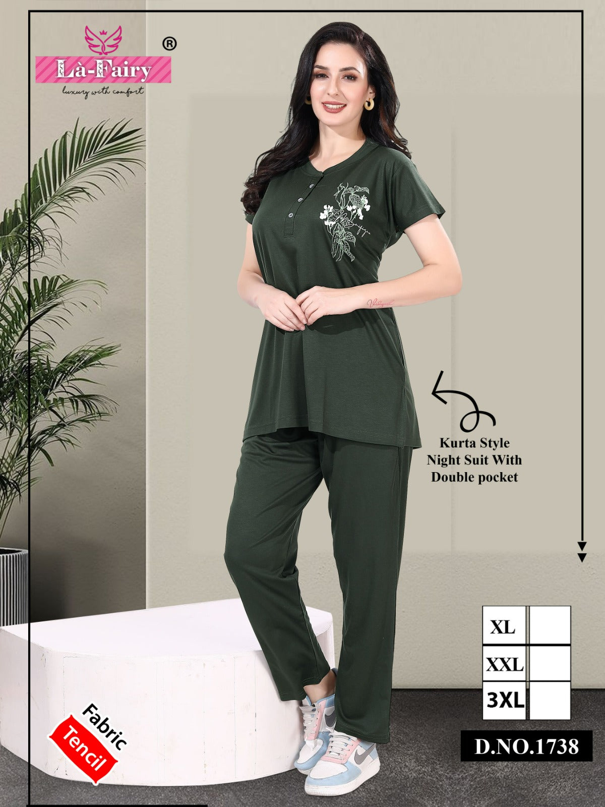 Double Pocket 1738 La Fairy Tencil Kurta Night Suits Exporter Gujarat