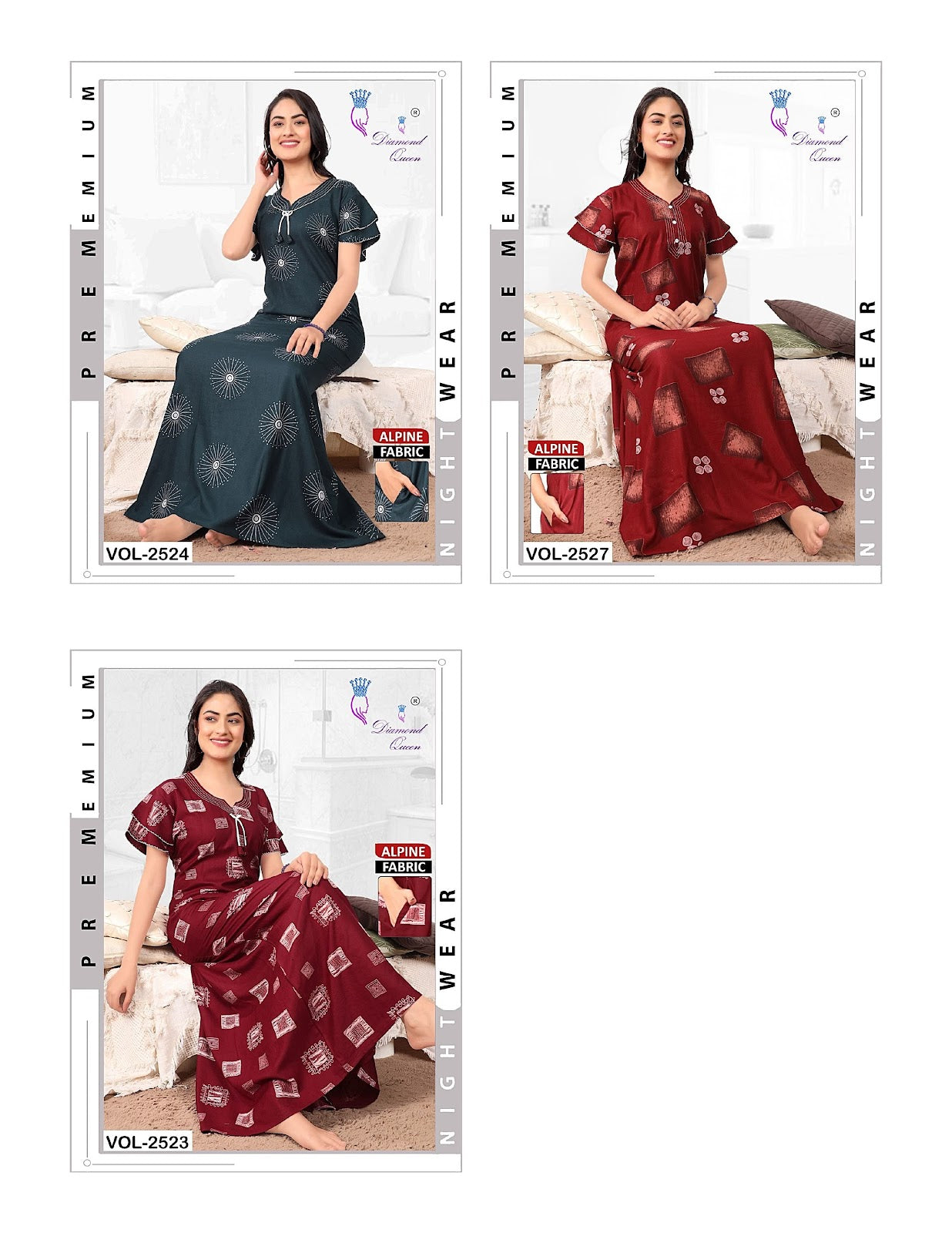 Double Sleeves Diamond Queen Alpine Night Gowns Wholesale