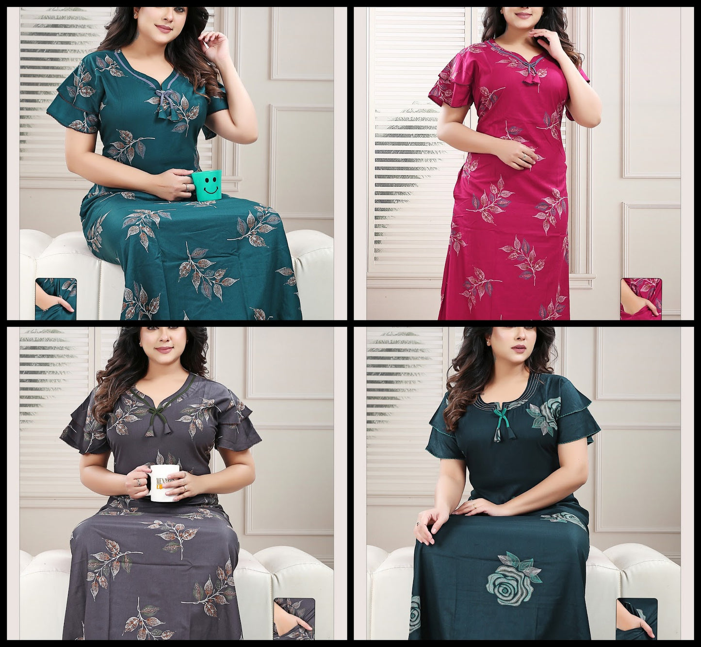 Double Sleeves Ruchee Fashion Alpine Night Gowns Exporter