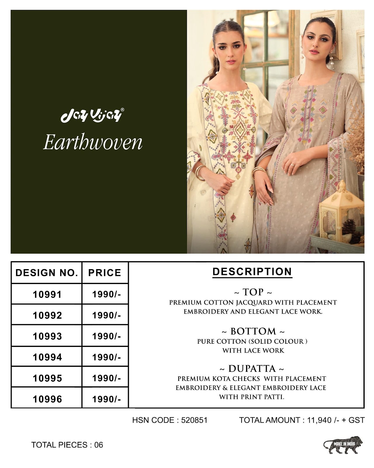 Earthwoven Jay Vijay Cotton Jacquard Pant Style Suits Exporter India