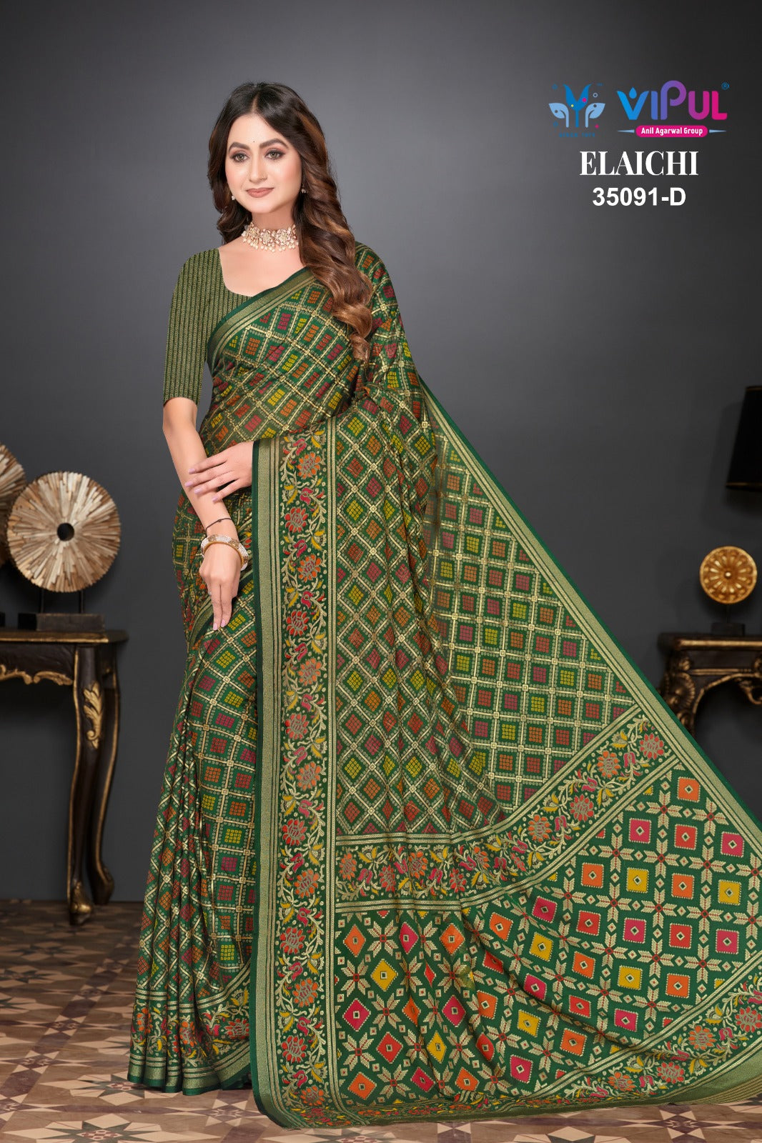 Elaichi 35091 Vipul Brasso Sarees Wholesaler Ahmedabad