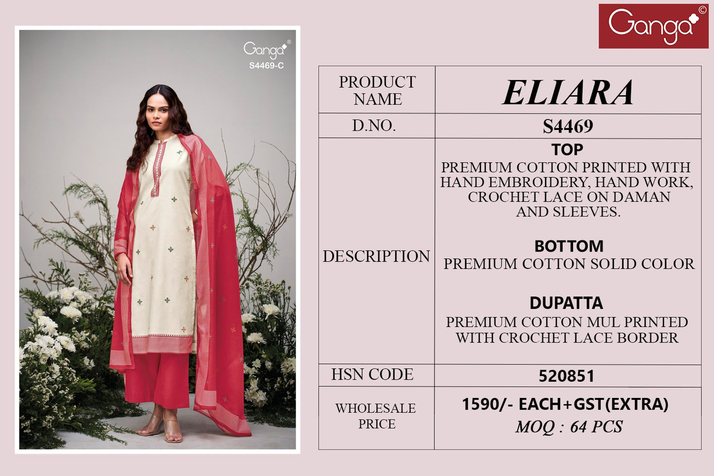 Eliara 4469 Ganga Cotton Plazzo Style Suits Exporter India