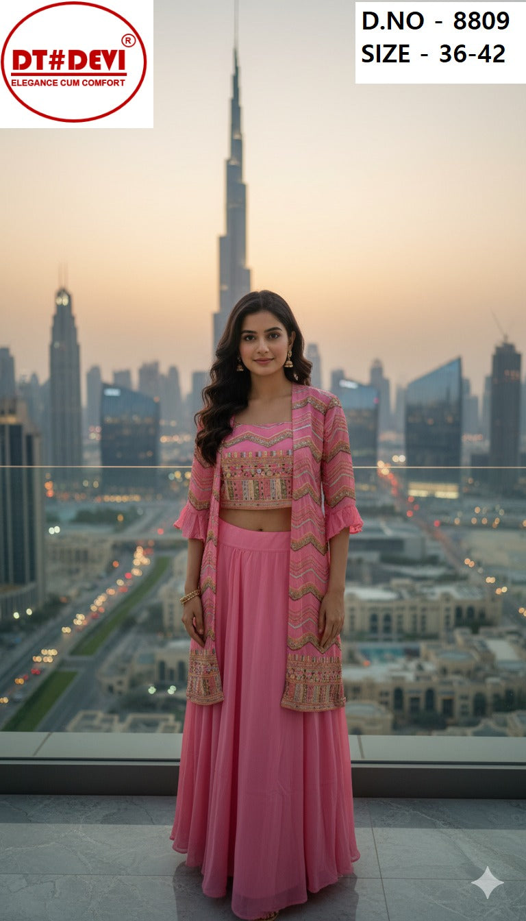Elliza Dn 8809 Dt Devi Georgette Crop Top Skirt Jacket Supplier
