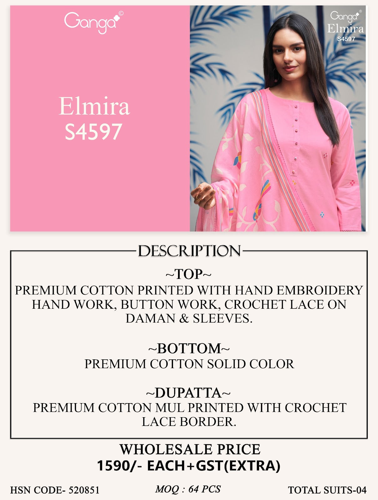 Elmira 4597 Ganga Cotton Plazzo Style Suits Exporter Gujarat