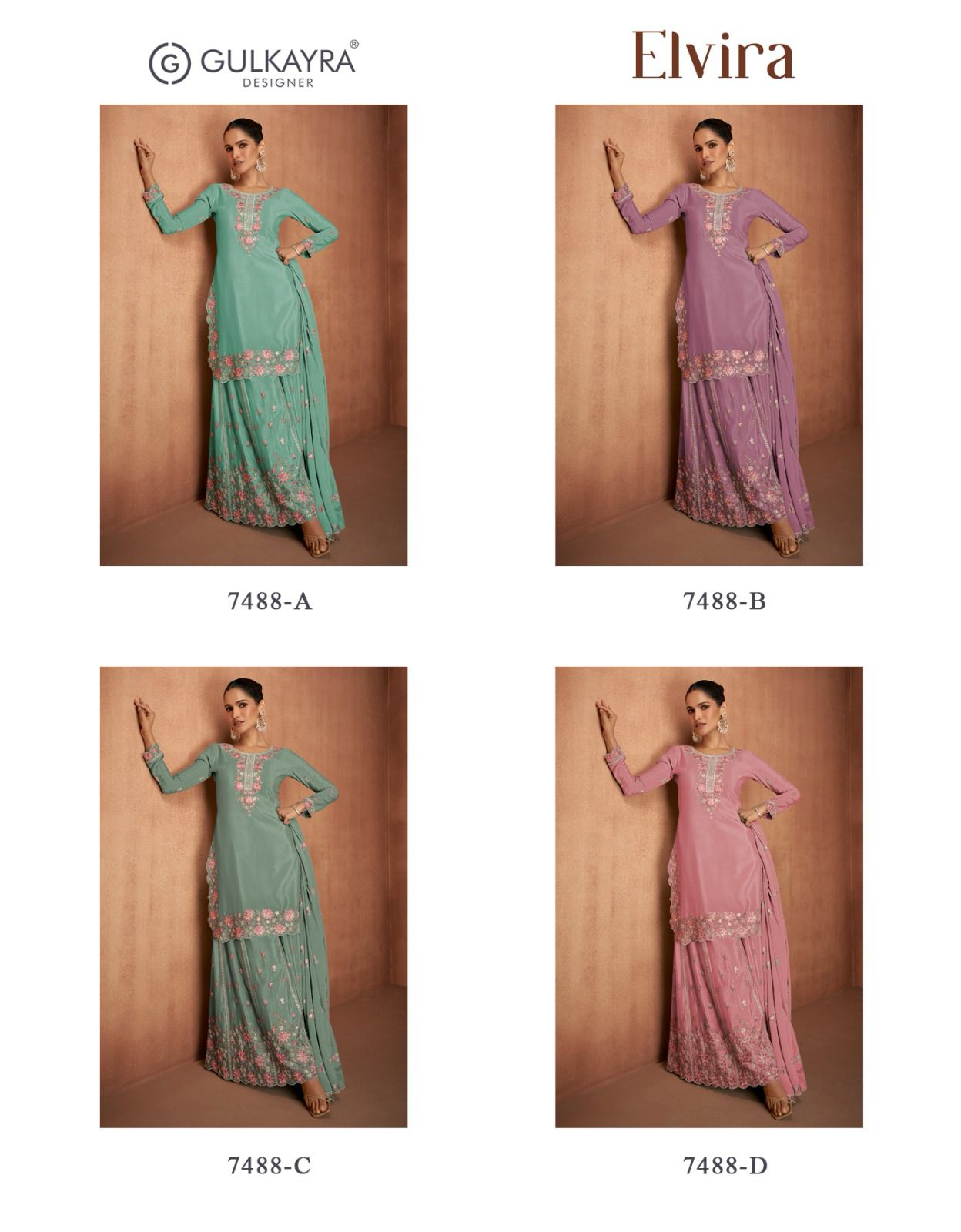 Elvira 7488 Gulkayra Designer Chinon Readymade Plazzo Style Suits Exporter Gujarat