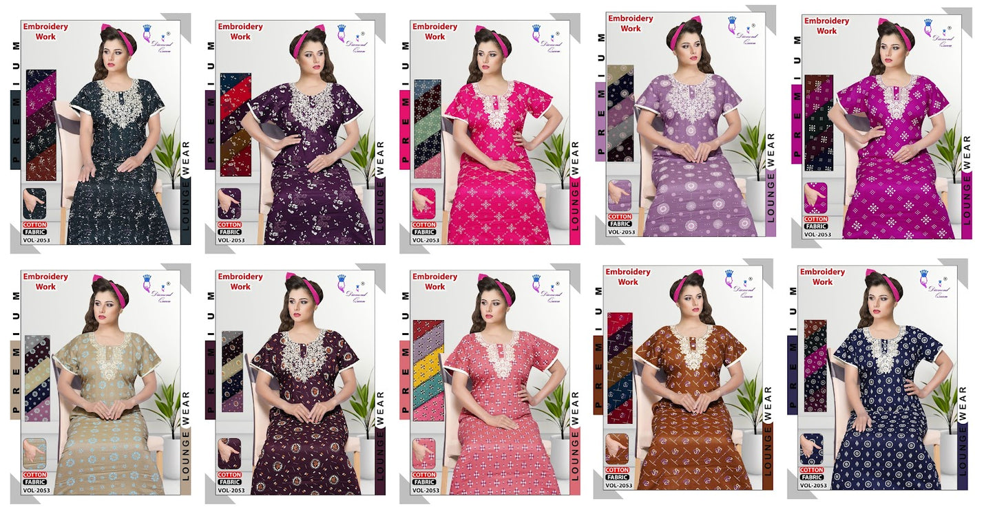 Embroidery Work Vol 2053 Diamond Queen Cotton Night Gowns Supplier