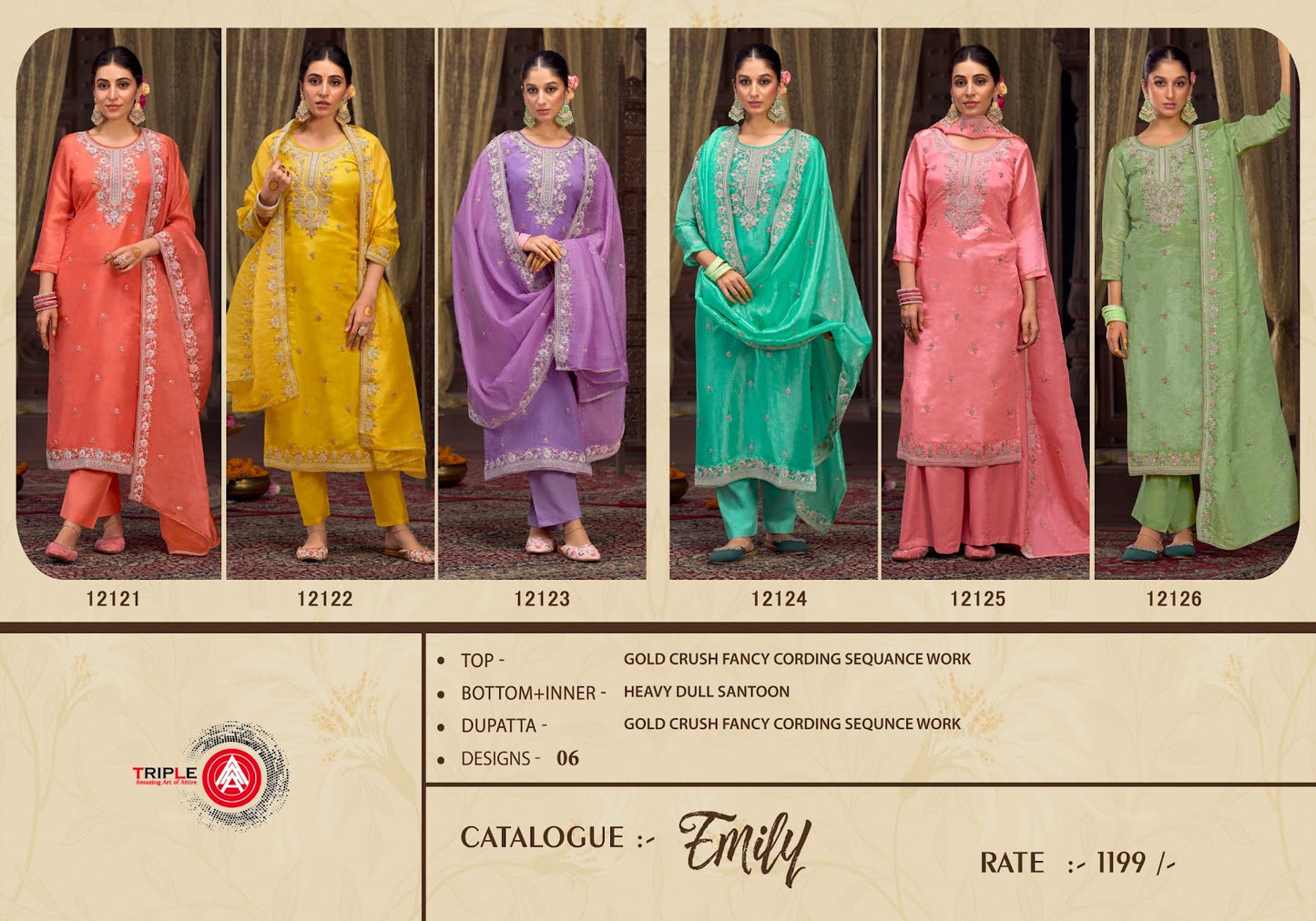 Emily Triple Aaa Gold Crush Pant Style Suits Wholesale Rate