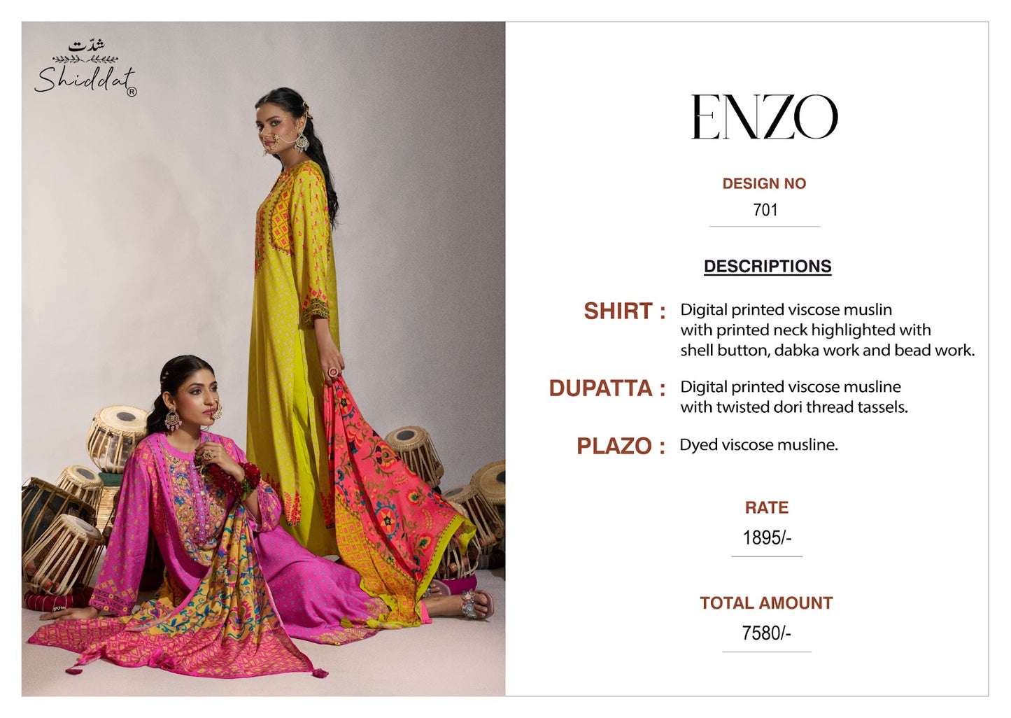 Enzo 701 Shiddat Viscose Muslin Plazzo Style Suits Exporter