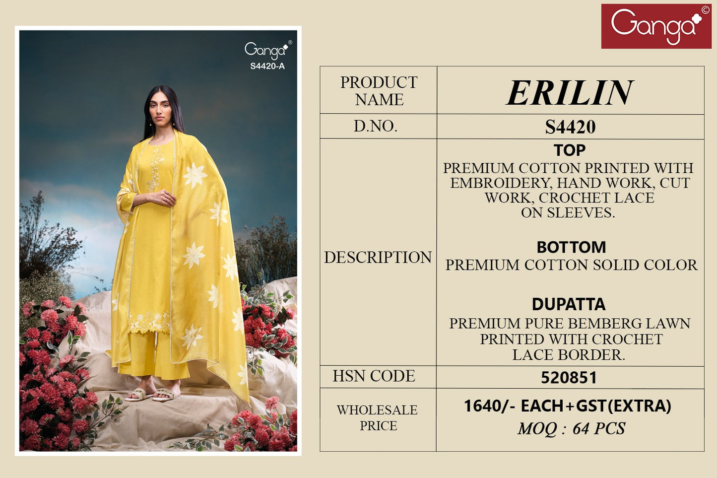 Erilin 4420 Ganga Cotton Plazzo Style Suits Exporter Ahmedabad