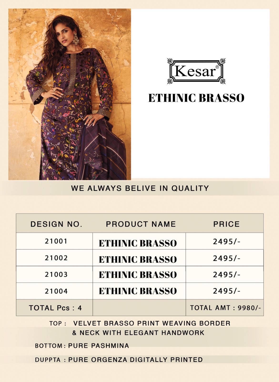 Ethinic Brasso Kesar Pashmina Suits Wholesale Price