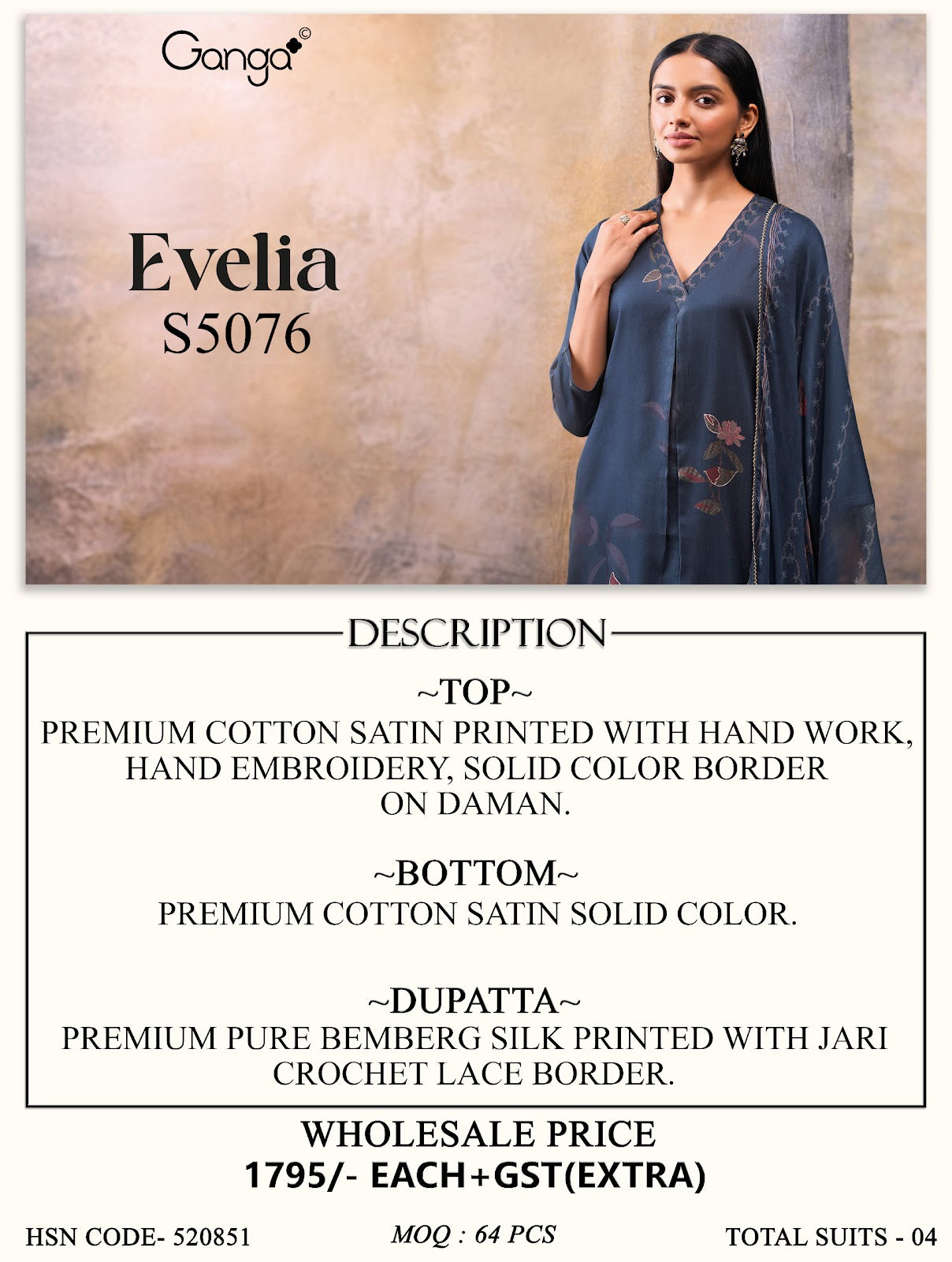 Evelia S5076 Ganga Cotton Satin Plazzo Style Suits Wholesale Rate