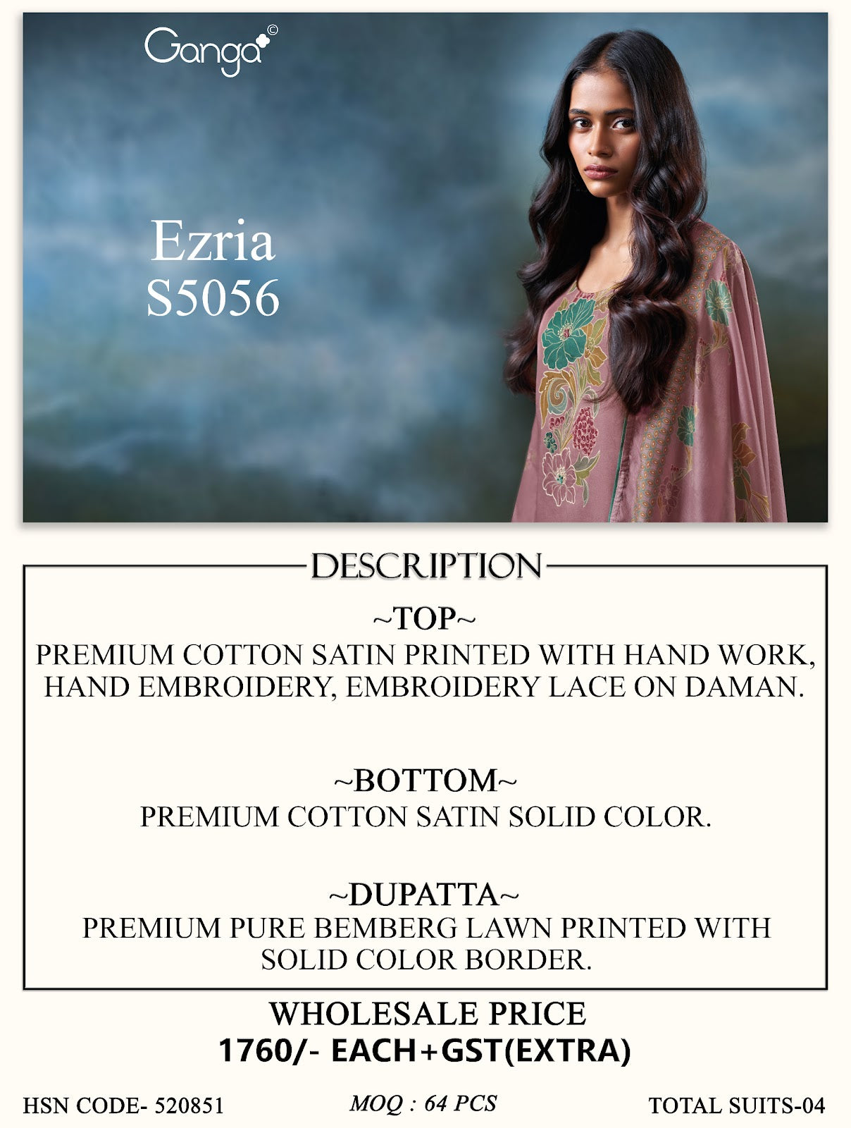 Ezria S5056 Ganga Cotton Satin Plazzo Style Suits Manufacturer