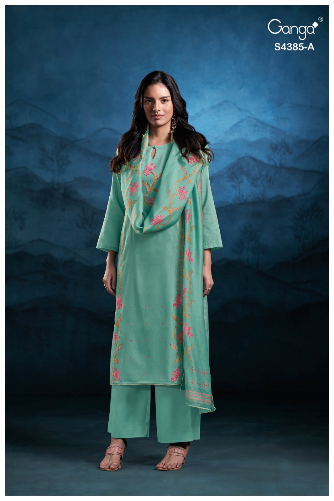 Fayisha 4385 Ganga Cotton Satin Pant Style Suits Exporter Gujarat