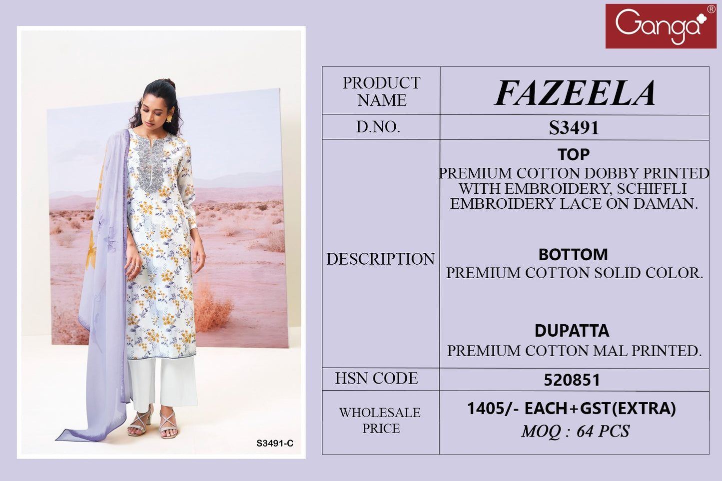 Fazeela 3491 Ganga Premium Cotton Plazzo Style Suits Wholesale